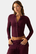 Chic Ribbed Jersey Crewneck Cardigan in Plum