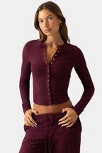 Chic Ribbed Jersey Crewneck Cardigan in Plum