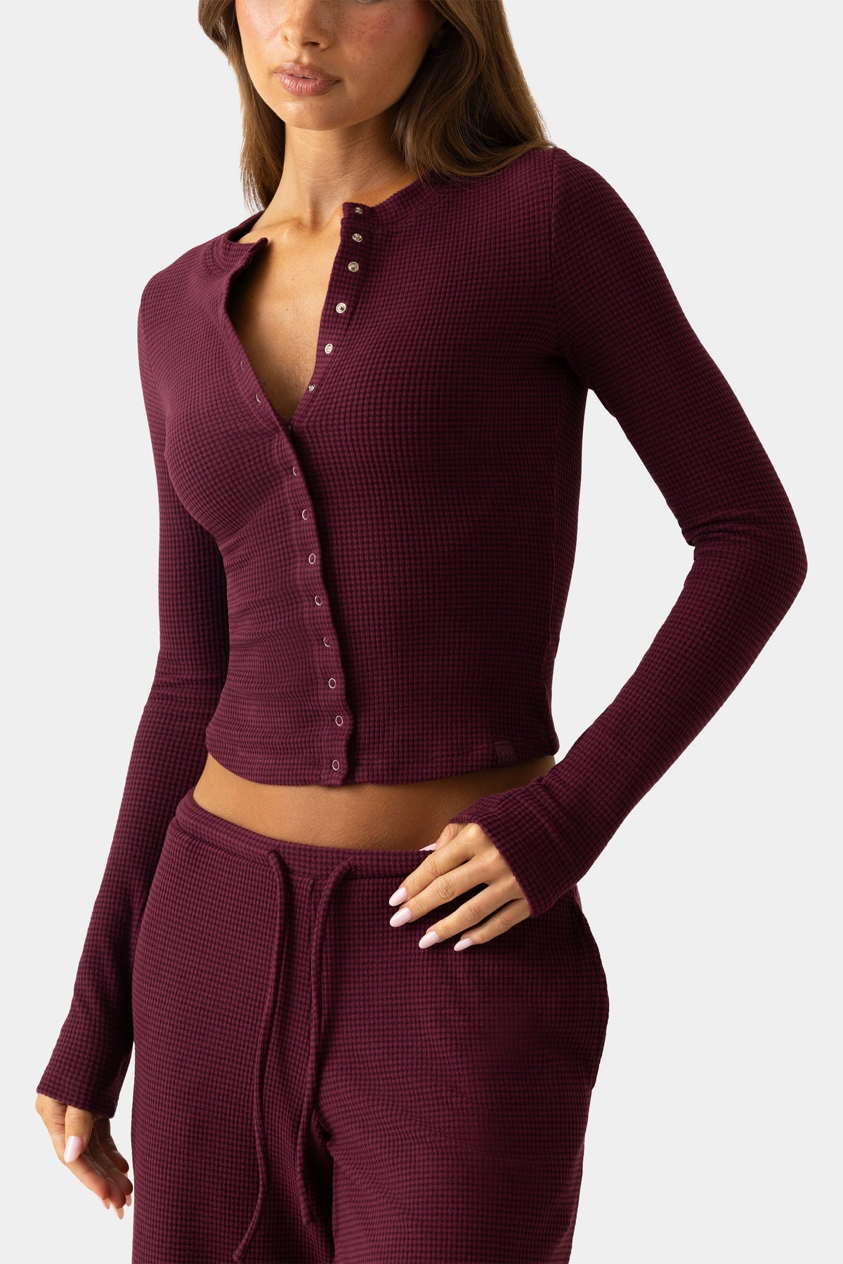 Chic Ribbed Jersey Crewneck Cardigan in Plum