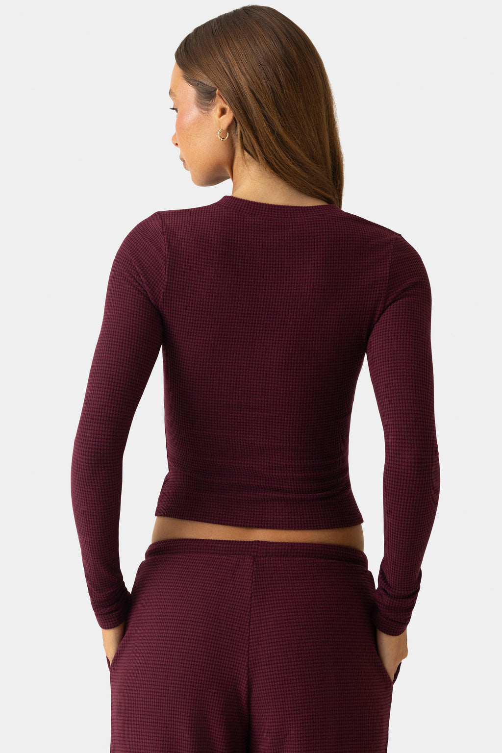 Chic Ribbed Jersey Crewneck Cardigan in Plum