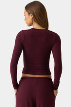 Chic Ribbed Jersey Crewneck Cardigan in Plum