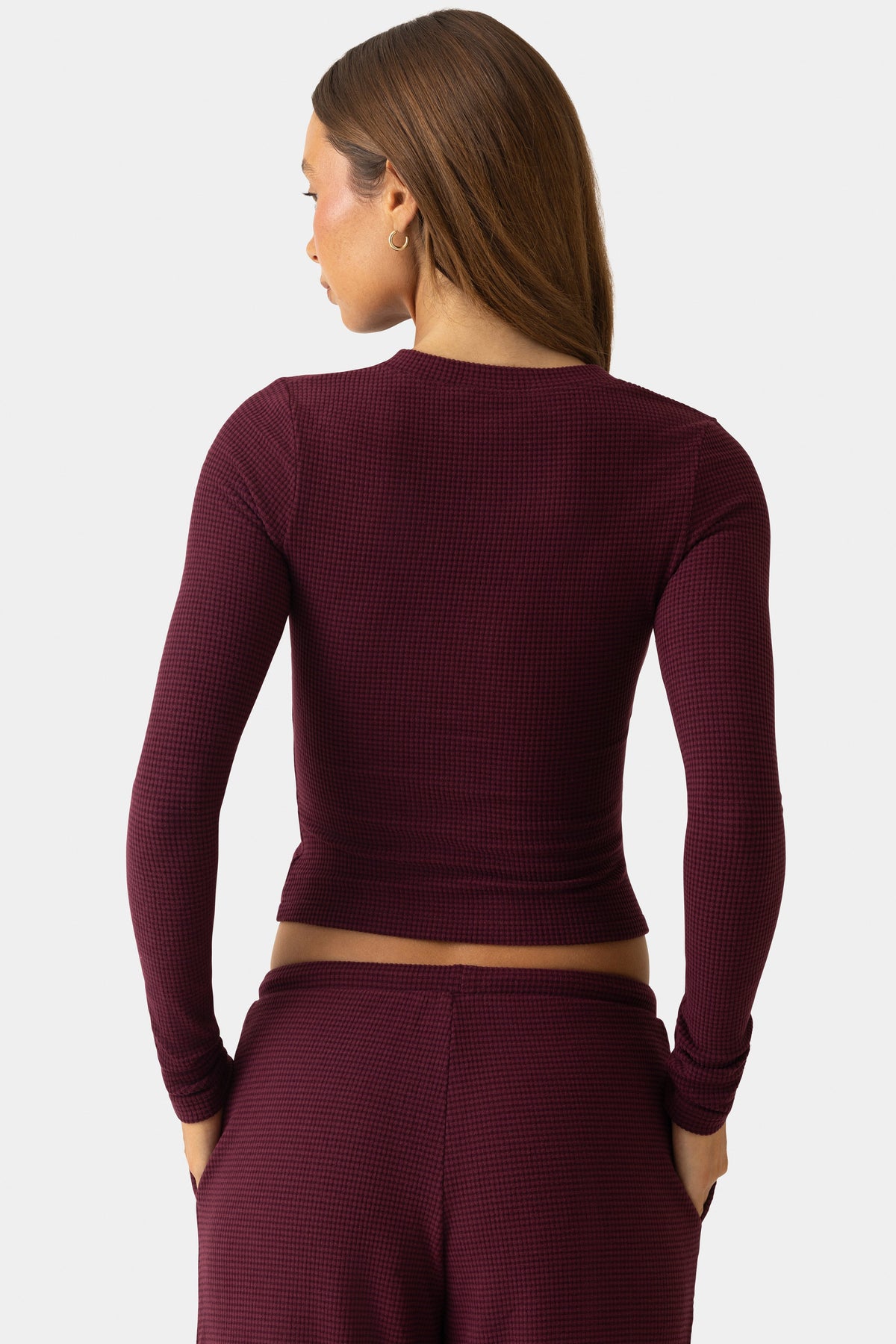 Chic Ribbed Jersey Crewneck Cardigan in Plum