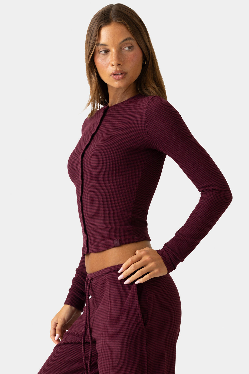 Chic Ribbed Jersey Crewneck Cardigan in Plum