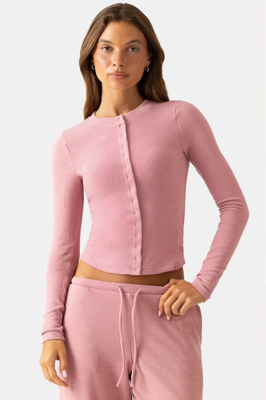 Chic Ribbed Jersey Crewneck Cardigan in Berry