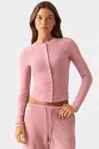Chic Ribbed Jersey Crewneck Cardigan in Berry