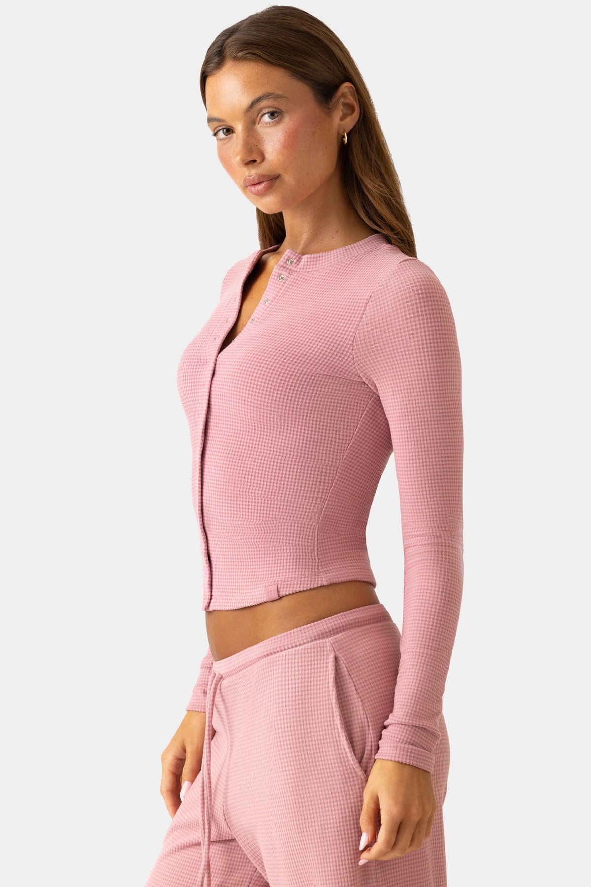 Chic Ribbed Jersey Crewneck Cardigan in Berry