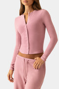 Chic Ribbed Jersey Crewneck Cardigan in Berry