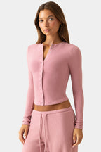 Chic Ribbed Jersey Crewneck Cardigan in Berry