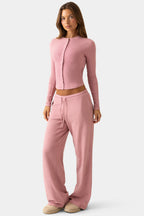 Chic Ribbed Jersey Crewneck Cardigan in Berry