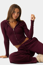 Chic Ribbed Jersey Cropped Hoodie in Plum