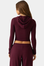 Chic Ribbed Jersey Cropped Hoodie in Plum