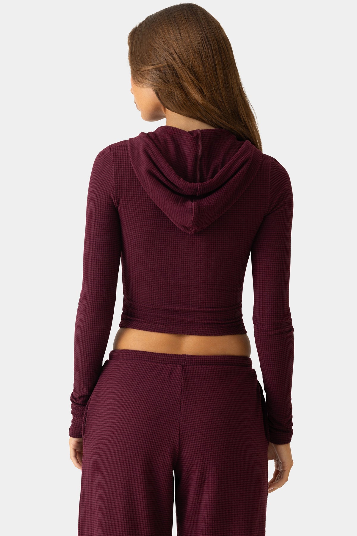 Chic Ribbed Jersey Cropped Hoodie in Plum