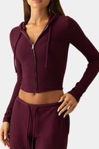 Chic Ribbed Jersey Cropped Hoodie in Plum