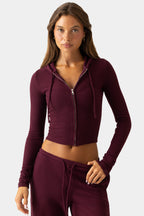 Chic Ribbed Jersey Cropped Hoodie in Plum