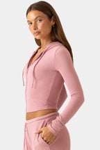 Chic Ribbed Jersey Cropped Hoodie in Berry