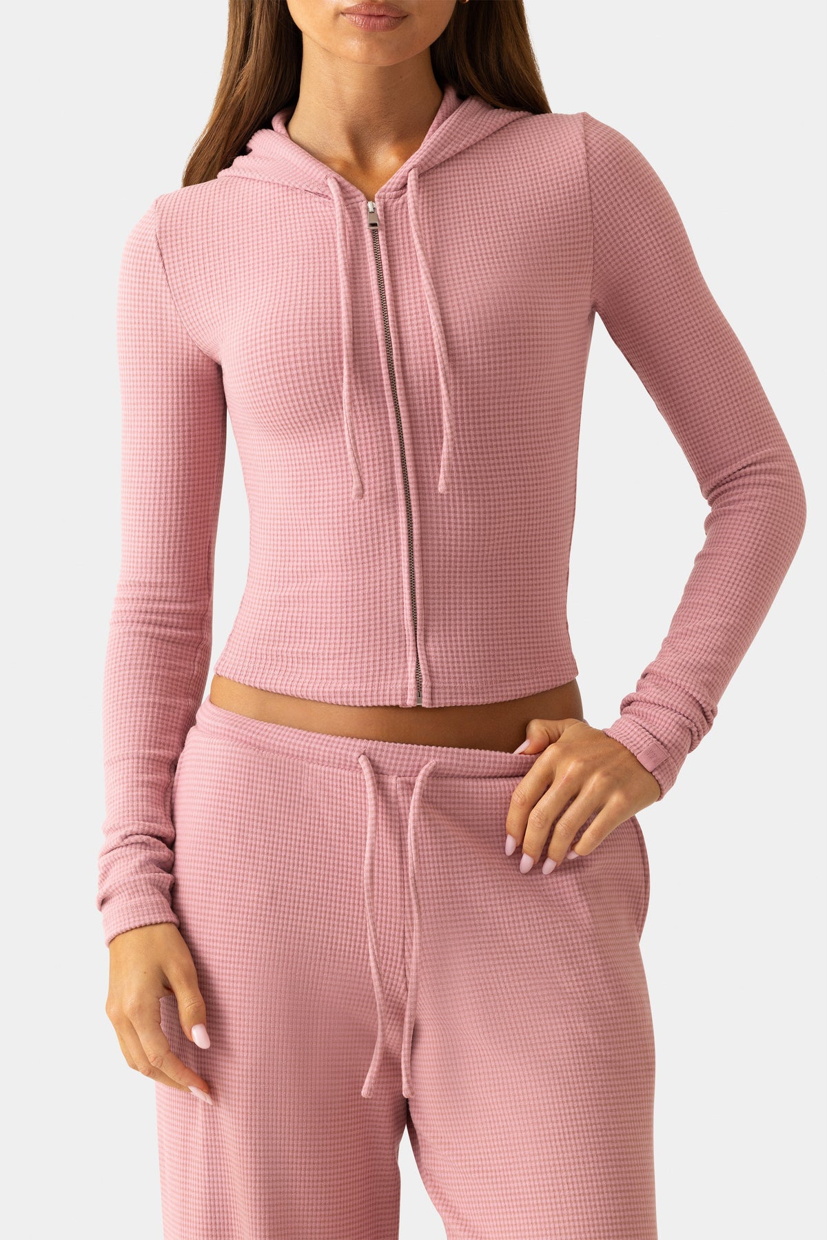 Chic Ribbed Jersey Cropped Hoodie in Berry