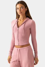 Chic Ribbed Jersey Cropped Hoodie in Berry