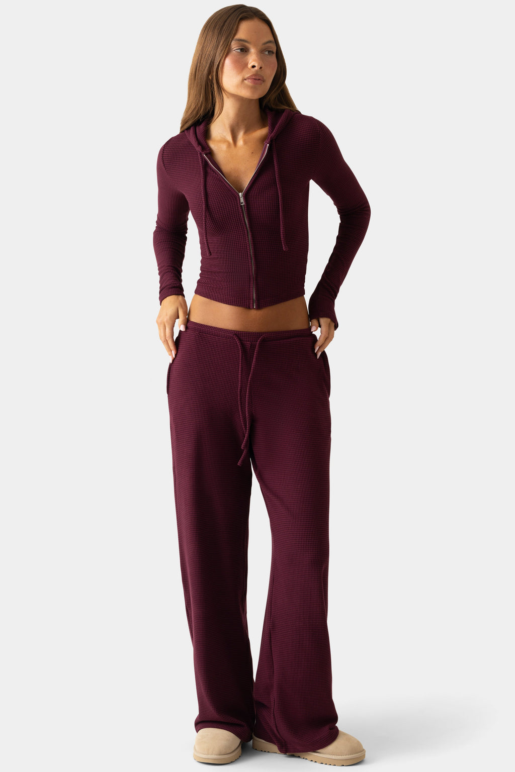 Chic Ribbed Jersey Low-Rise Trousers in Plum