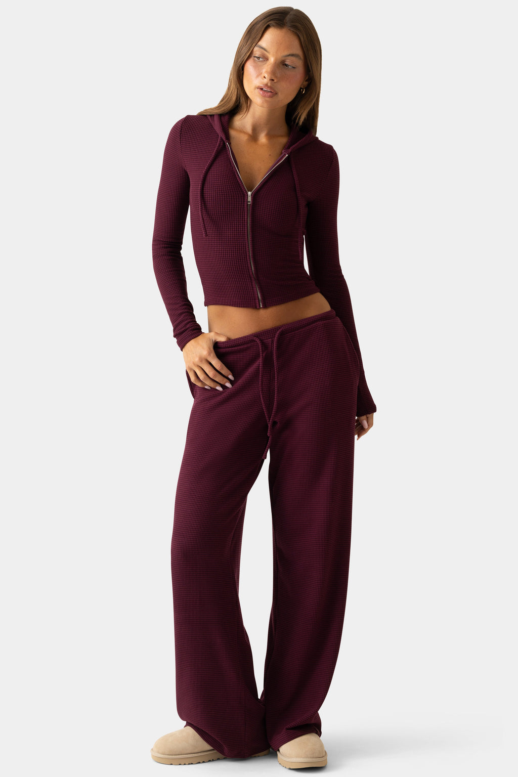 Chic Ribbed Jersey Low-Rise Trousers in Plum