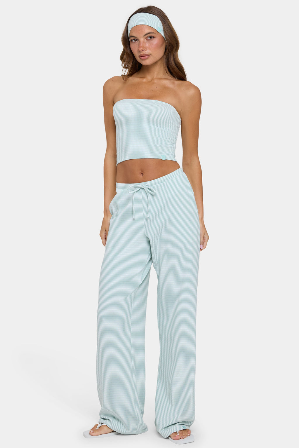 Chic Ribbed Jersey Low-Rise Trousers in Mint Stripe