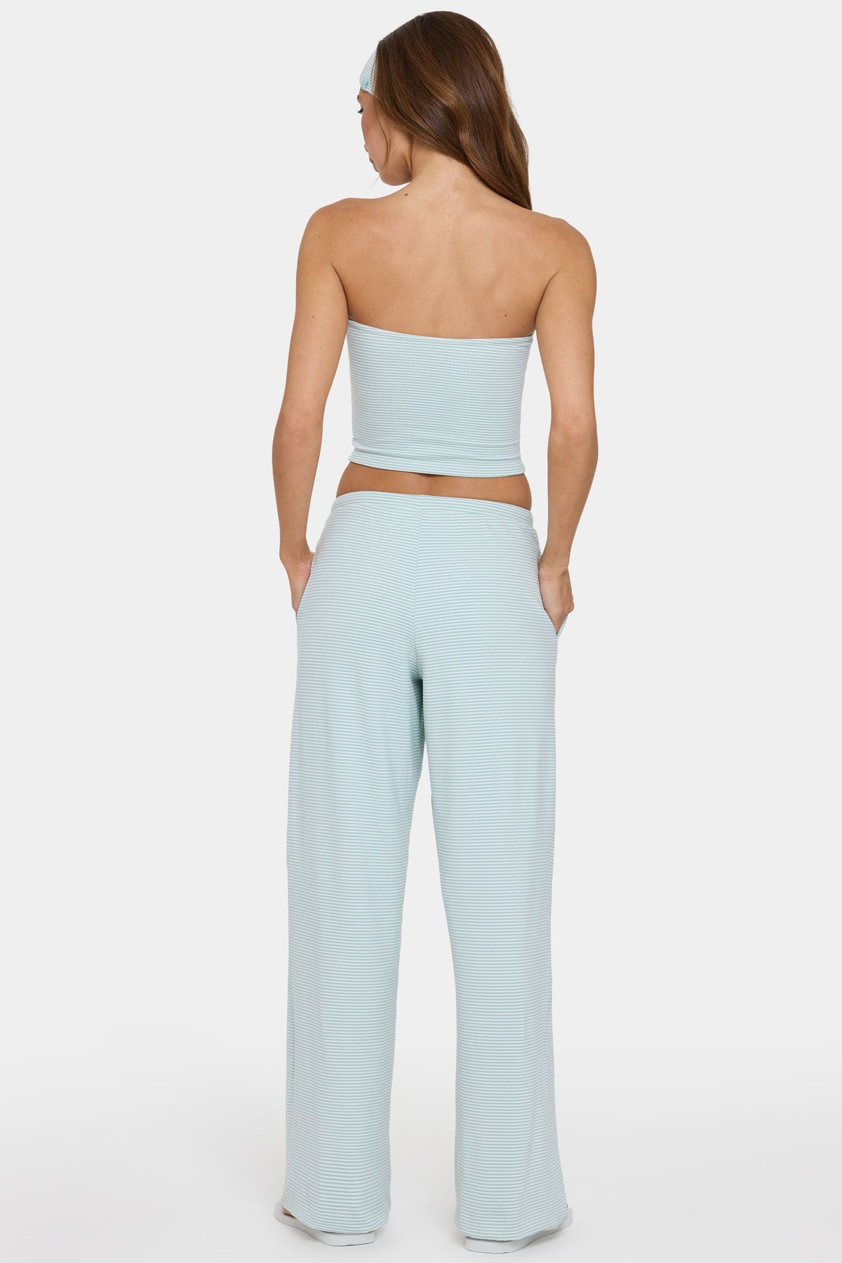 Chic Ribbed Jersey Low-Rise Trousers in Mint Stripe