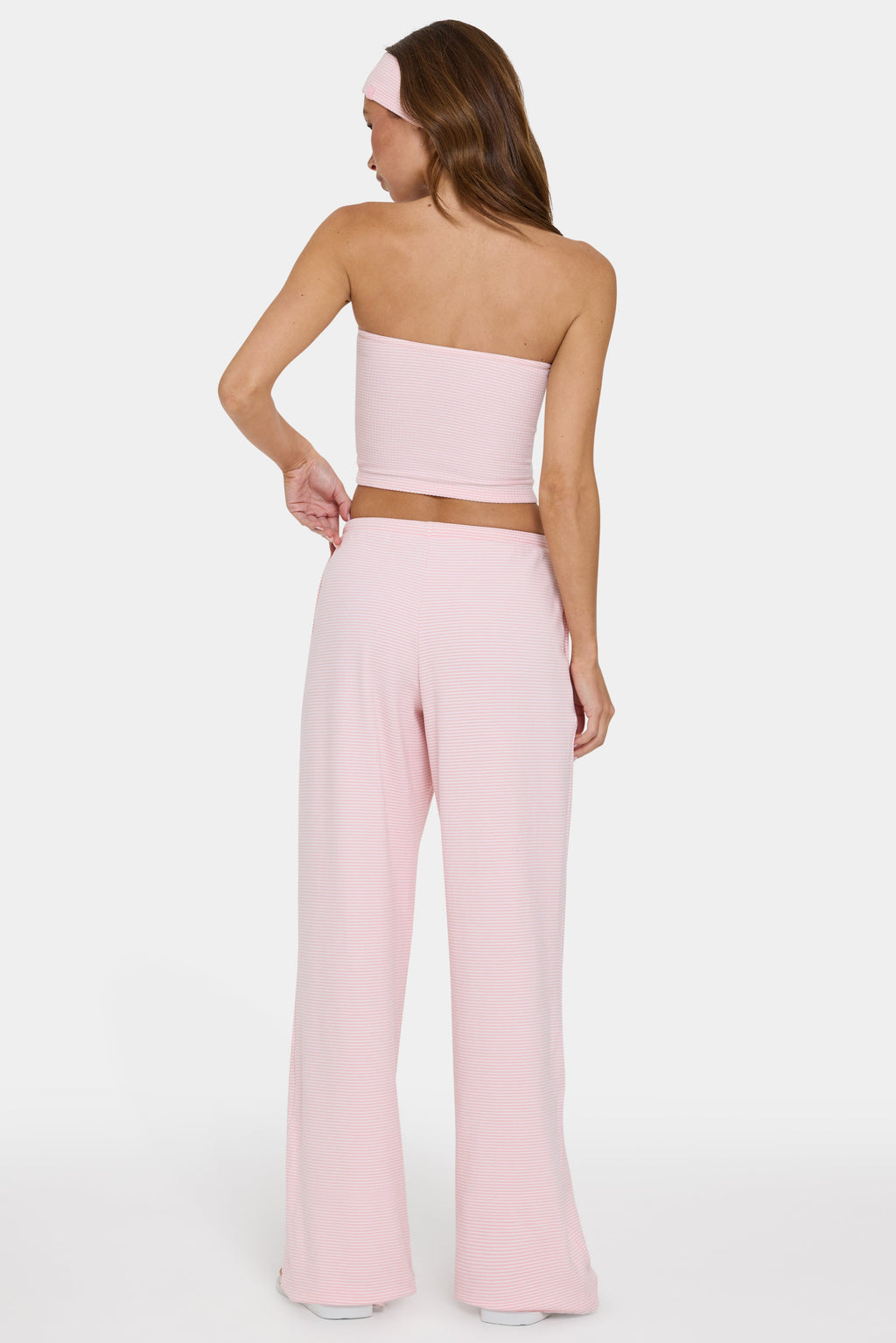 Chic Ribbed Jersey Low-Rise Trousers in Peach Stripe