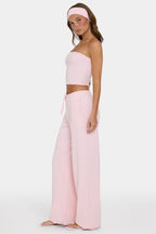 Chic Ribbed Jersey Low-Rise Trousers in Peach Stripe
