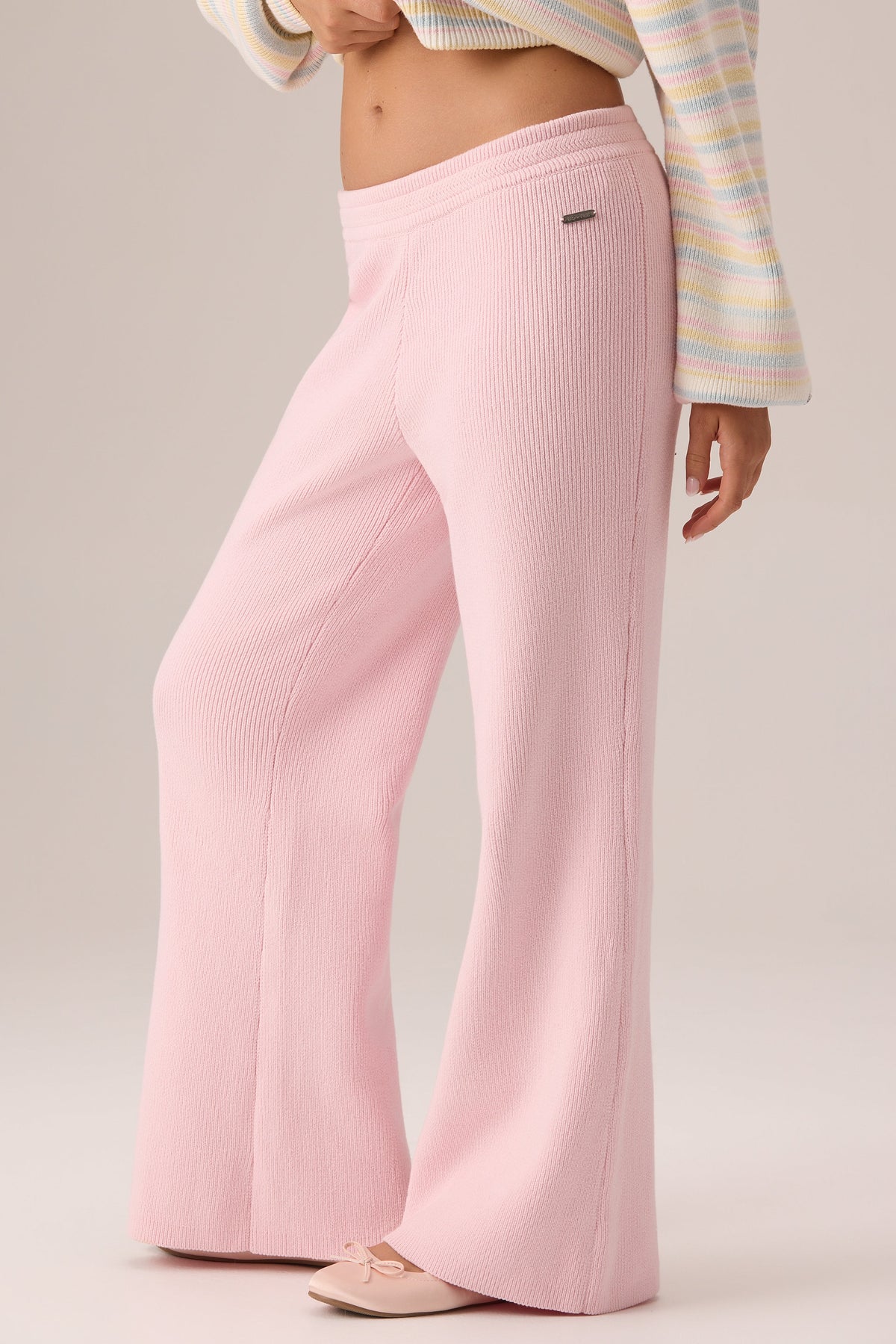 Chic Ribbed Knit Wide-Leg Joggers in Ballet