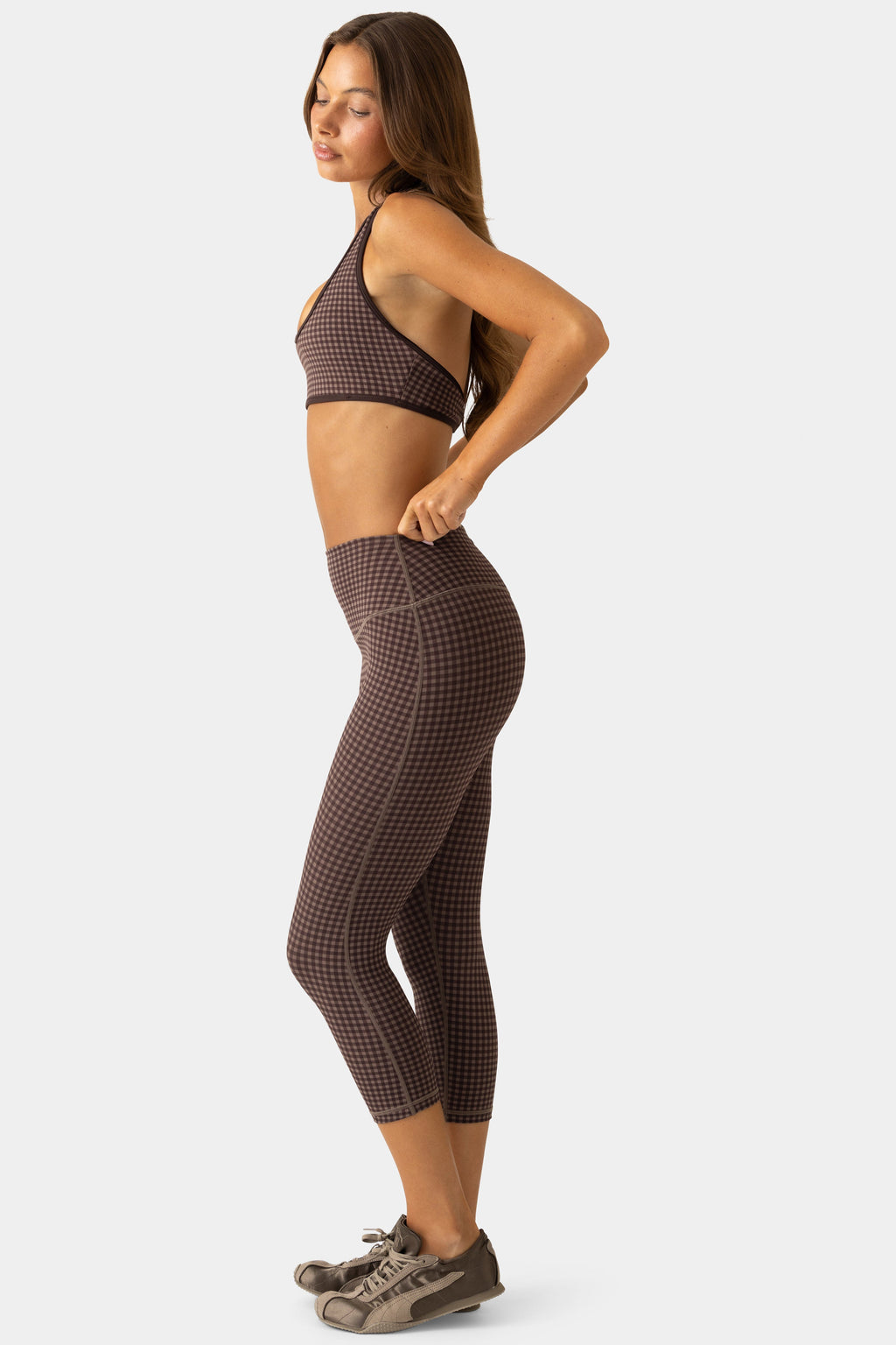 Chic Soft Active Capri Leggings in Espresso Gingham