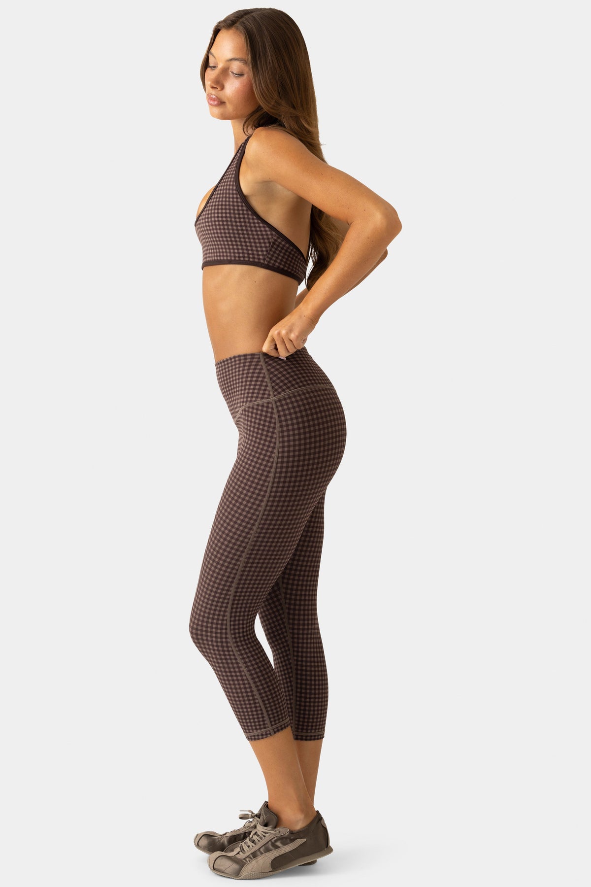 Chic Soft Active Capri Leggings in Espresso Gingham