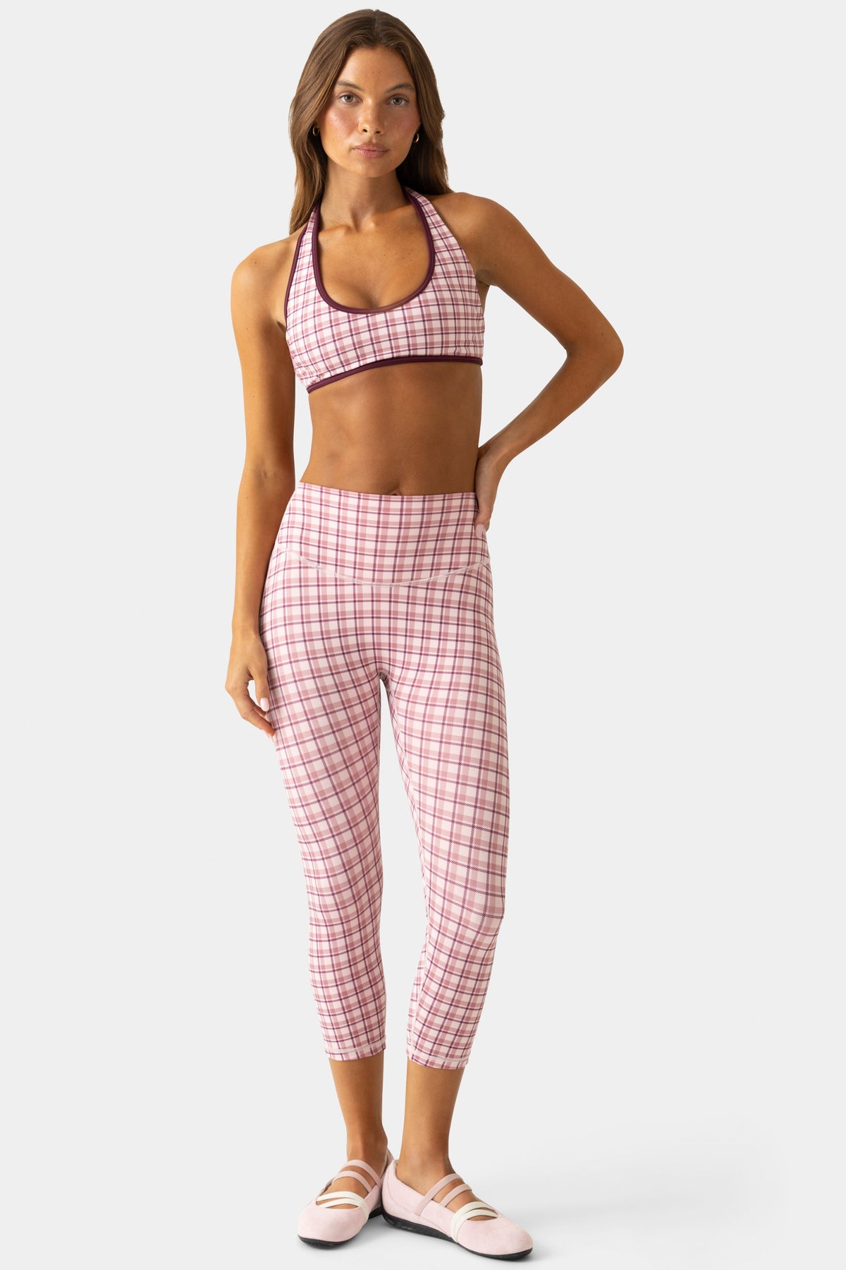 Chic Soft Active Capri Leggings in Berry Plaid