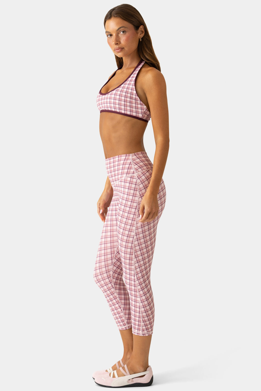 Chic Soft Active Capri Leggings in Berry Plaid