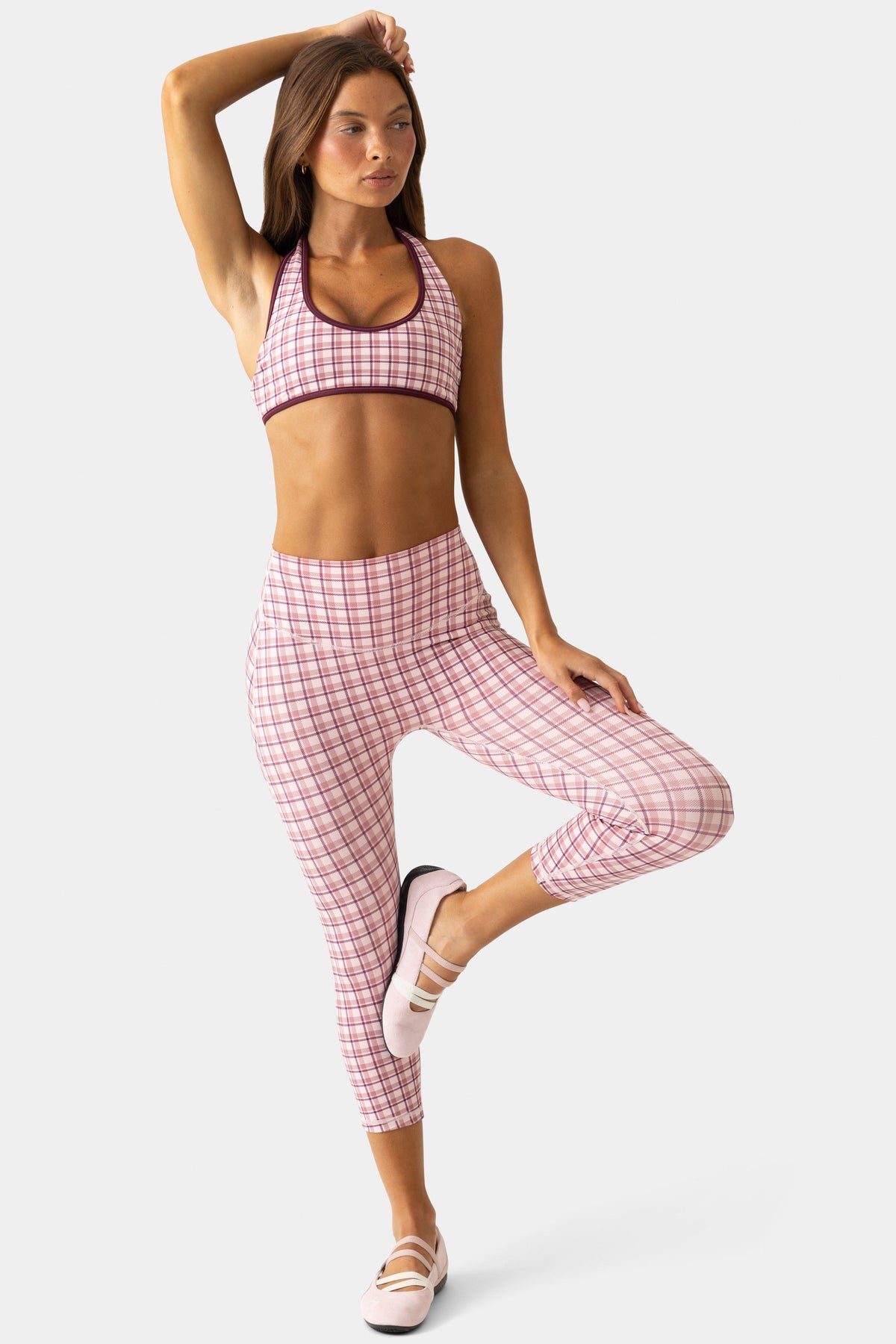 Chic Soft Active Capri Leggings in Berry Plaid