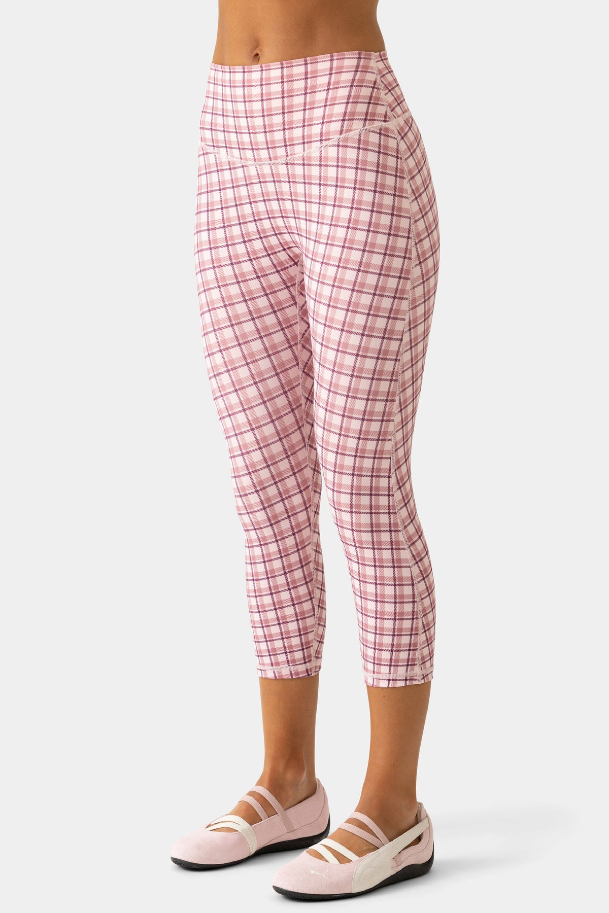 Chic Soft Active Capri Leggings in Berry Plaid