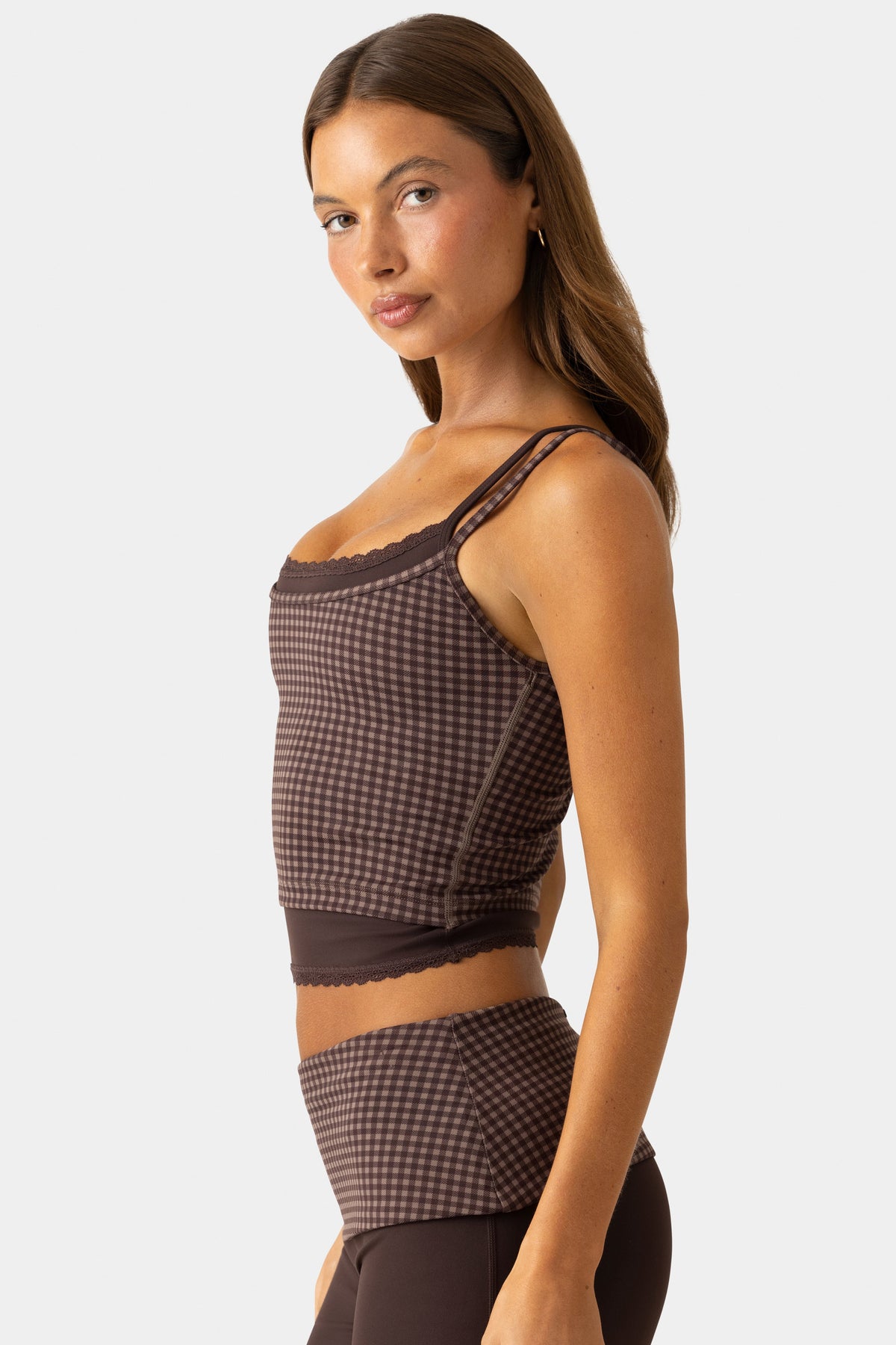 Chic Soft Active Double-Layer Tank Top in Espresso Gingham