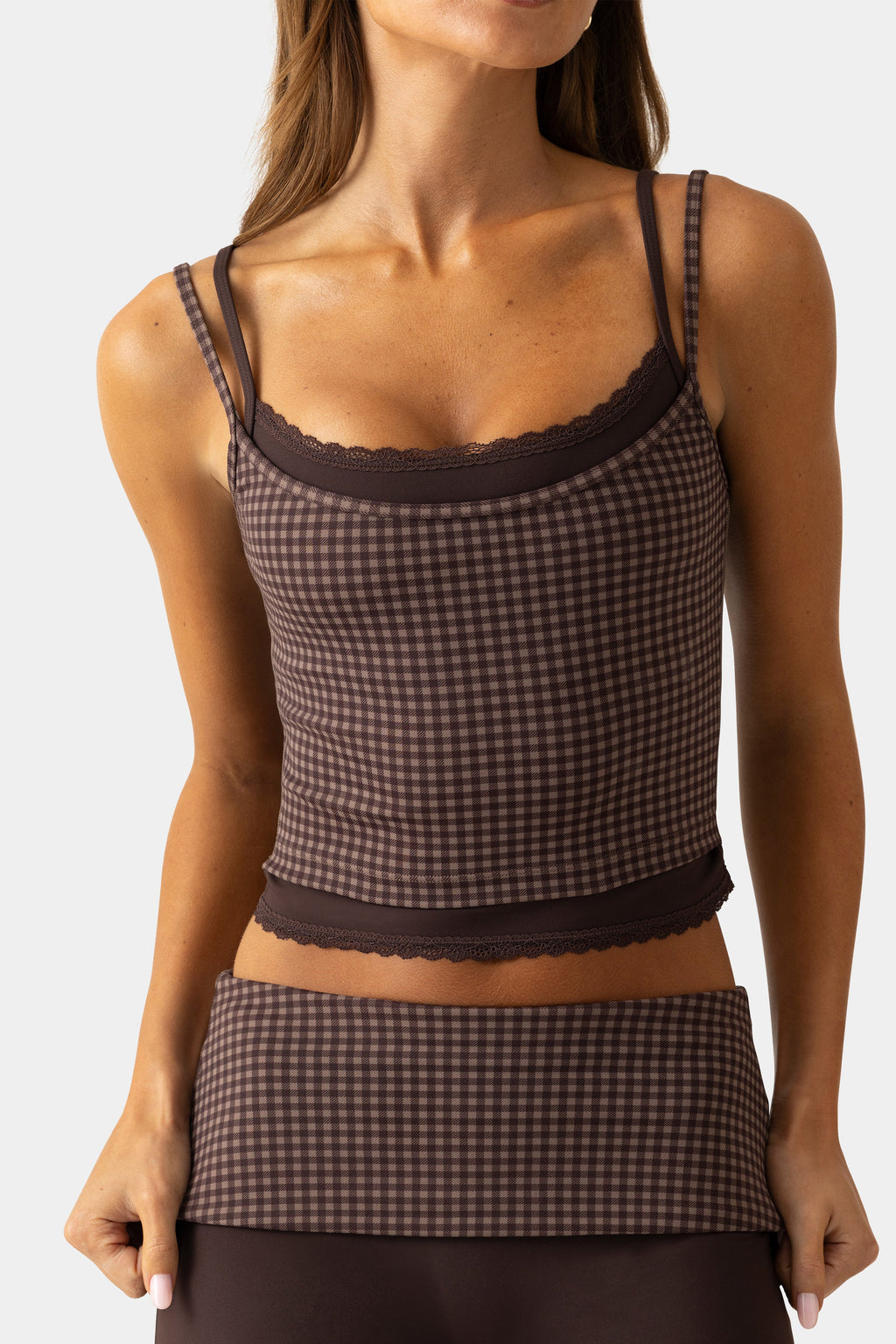 Chic Soft Active Double-Layer Tank Top in Espresso Gingham