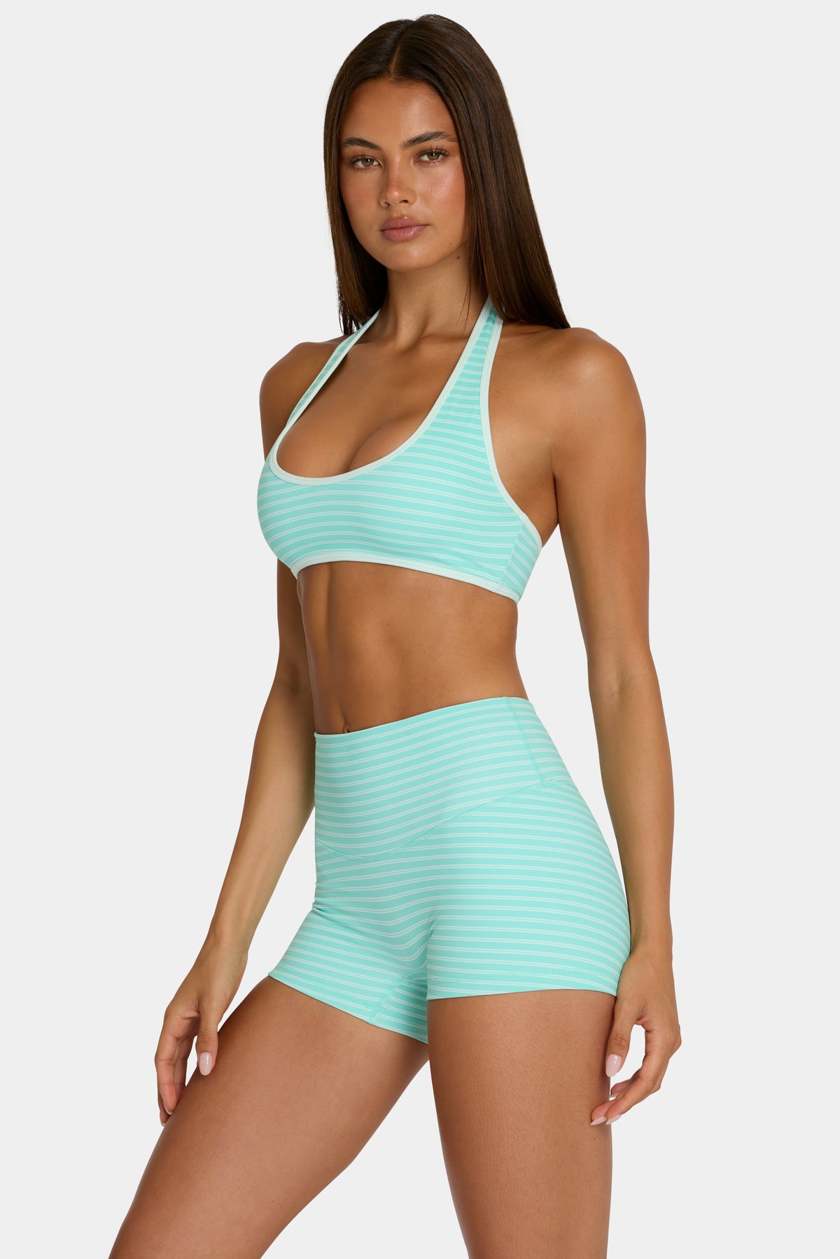 Chic Soft Active Mini Shorts in Aqua Stripe