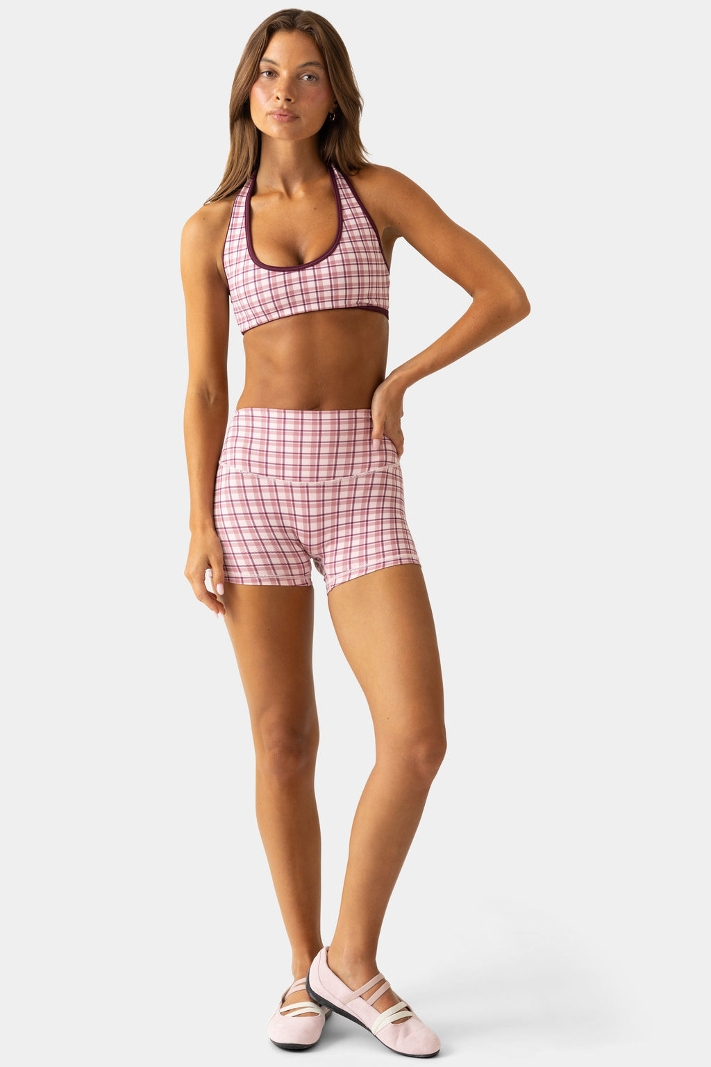 Chic Soft Active Mini Shorts in Berry Plaid