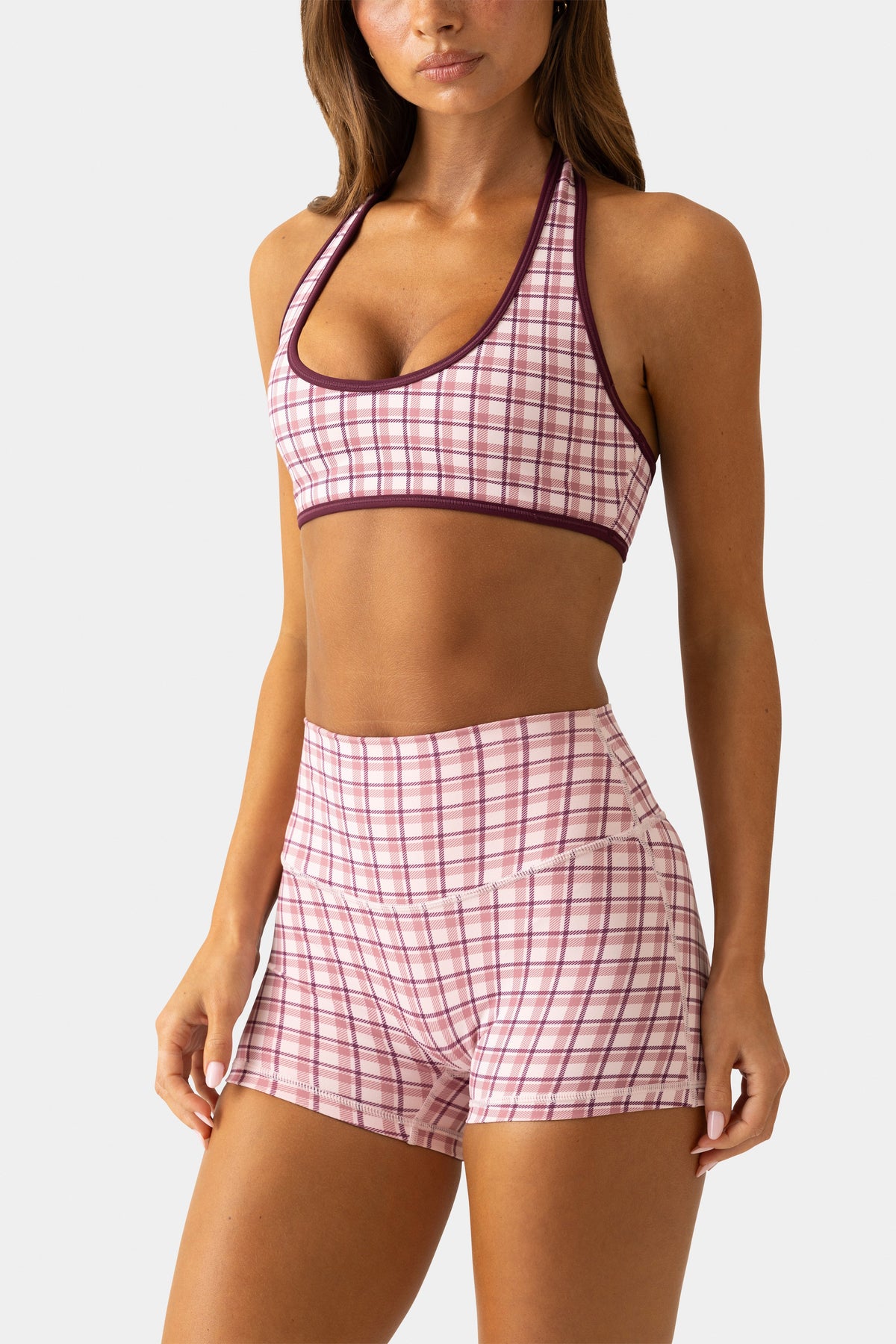 Chic Soft Active Mini Shorts in Berry Plaid