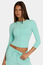 Chic Brushed Jersey Crewneck Cardigan in Aqua Stripe