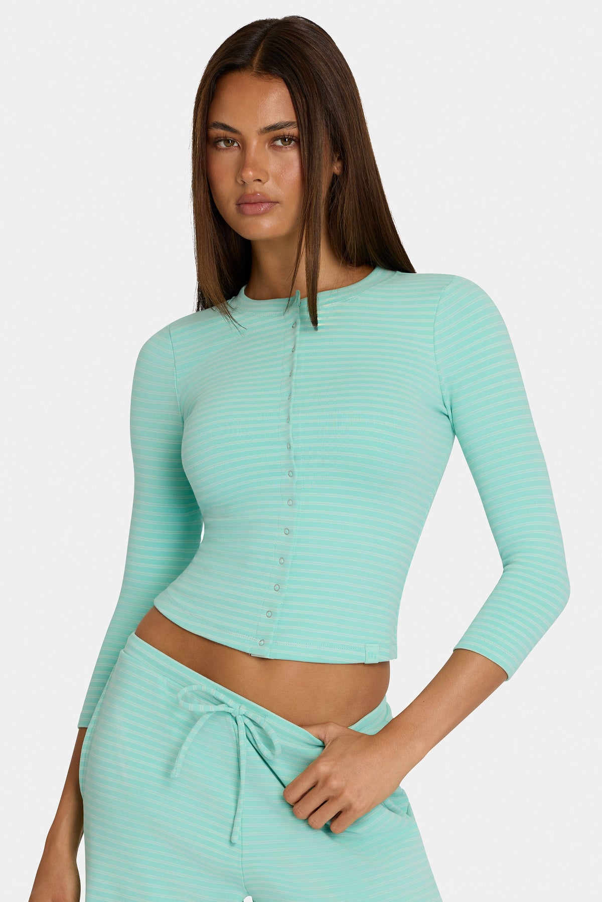 Chic Brushed Jersey Crewneck Cardigan in Aqua Stripe