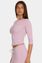 Chic Brushed Jersey Crewneck Cardigan in Multi Stripe