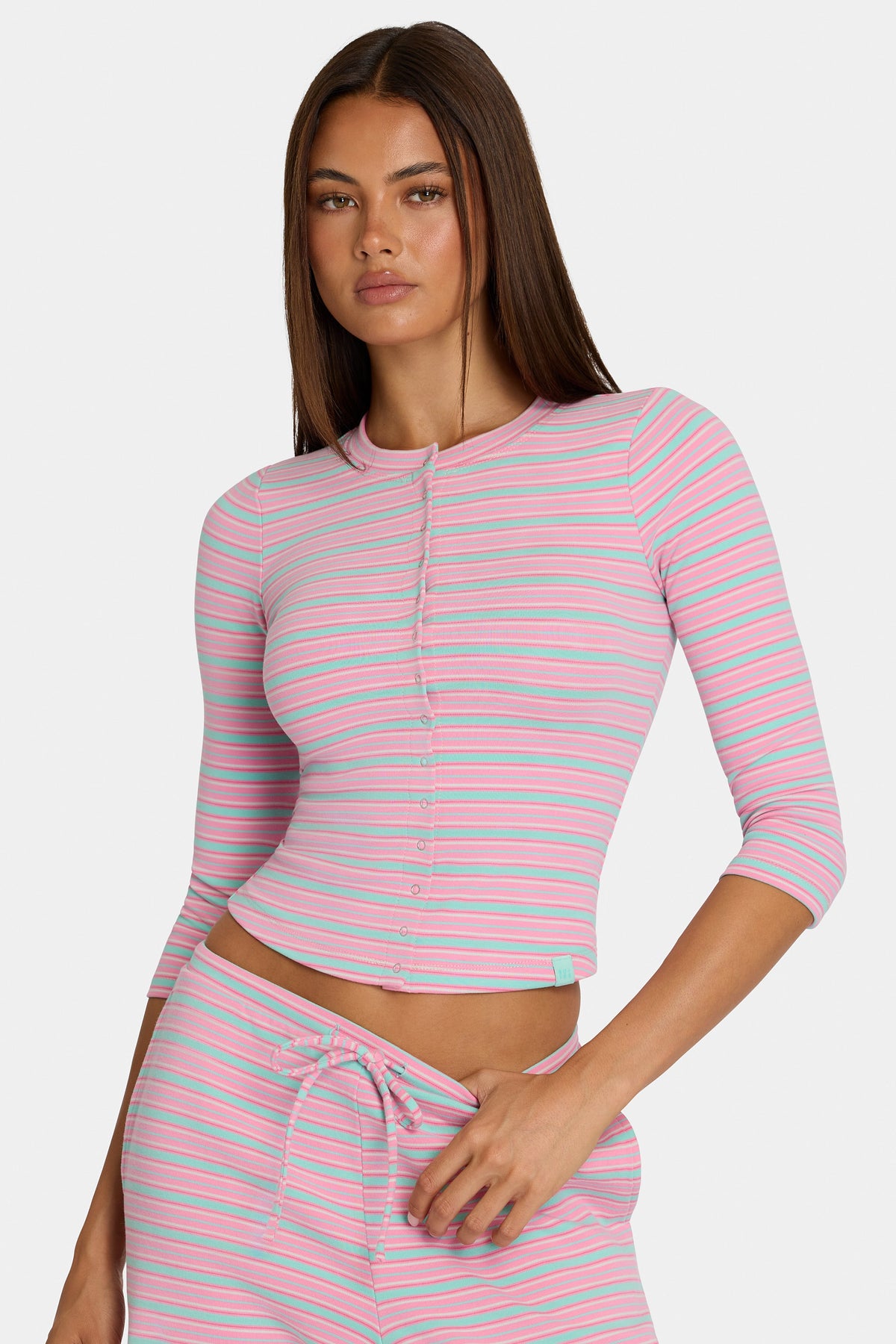Chic Brushed Jersey Crewneck Cardigan in Multi Stripe
