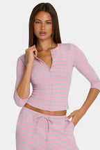 Chic Brushed Jersey Crewneck Cardigan in Multi Stripe