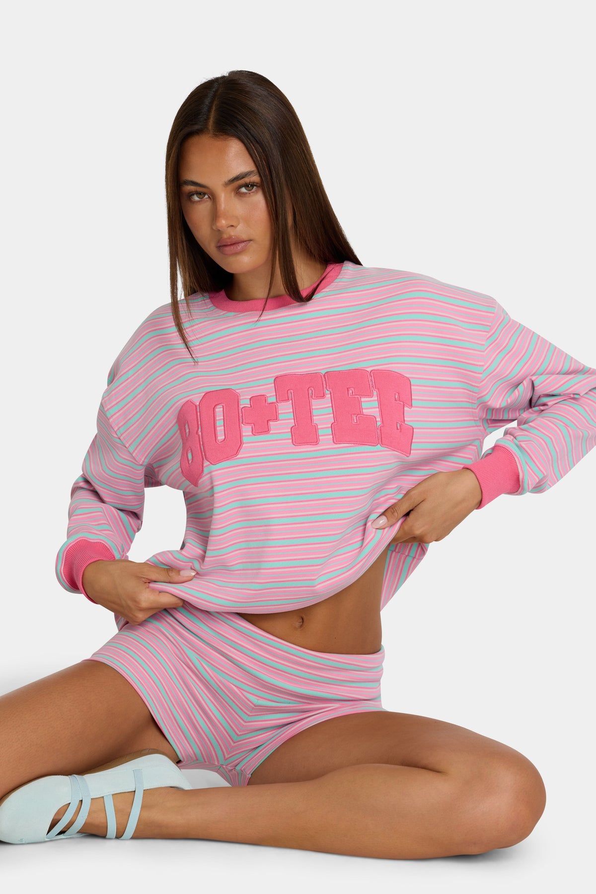 Chic Brushed Jersey Crewneck Sweatshirt in Multi Stripe