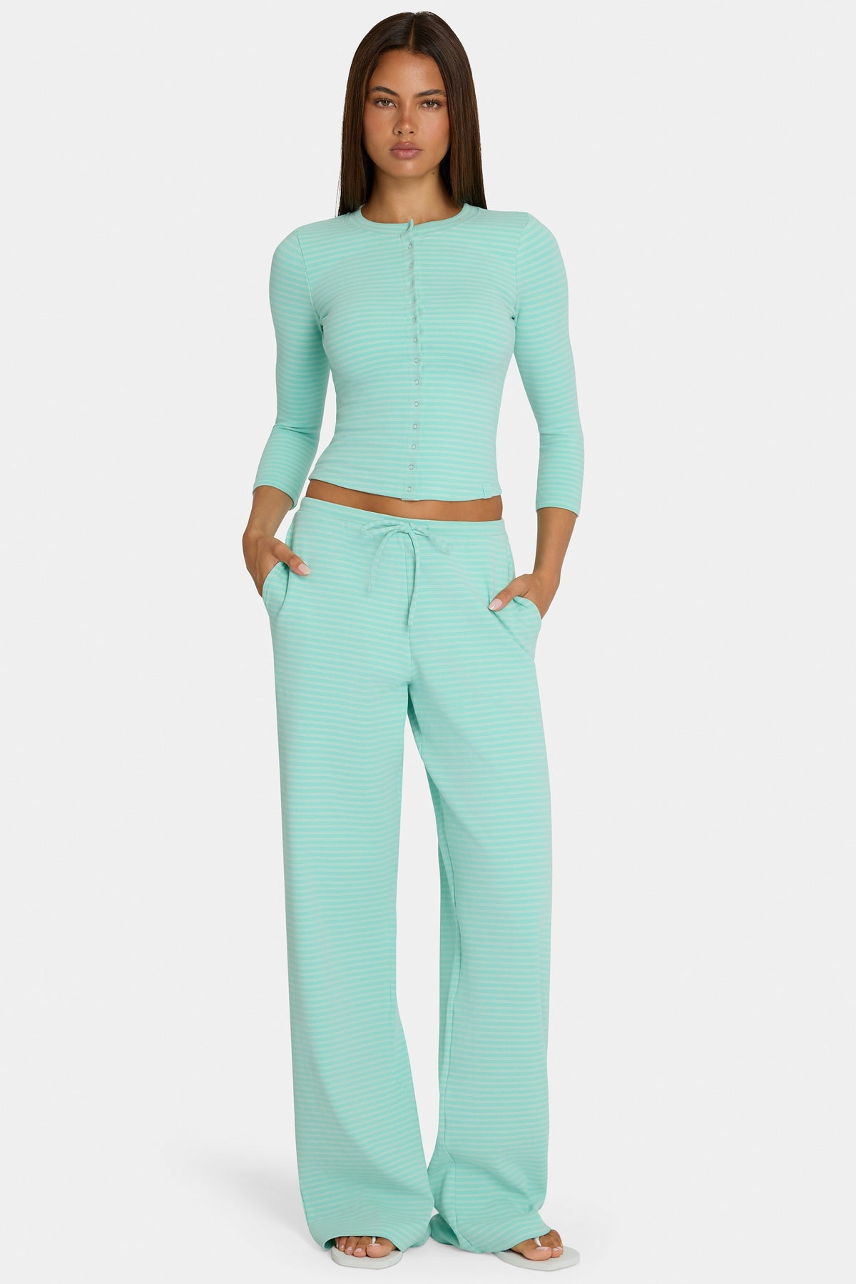 Chic Brushed Jersey Low-Rise Trousers in Aqua Stripe