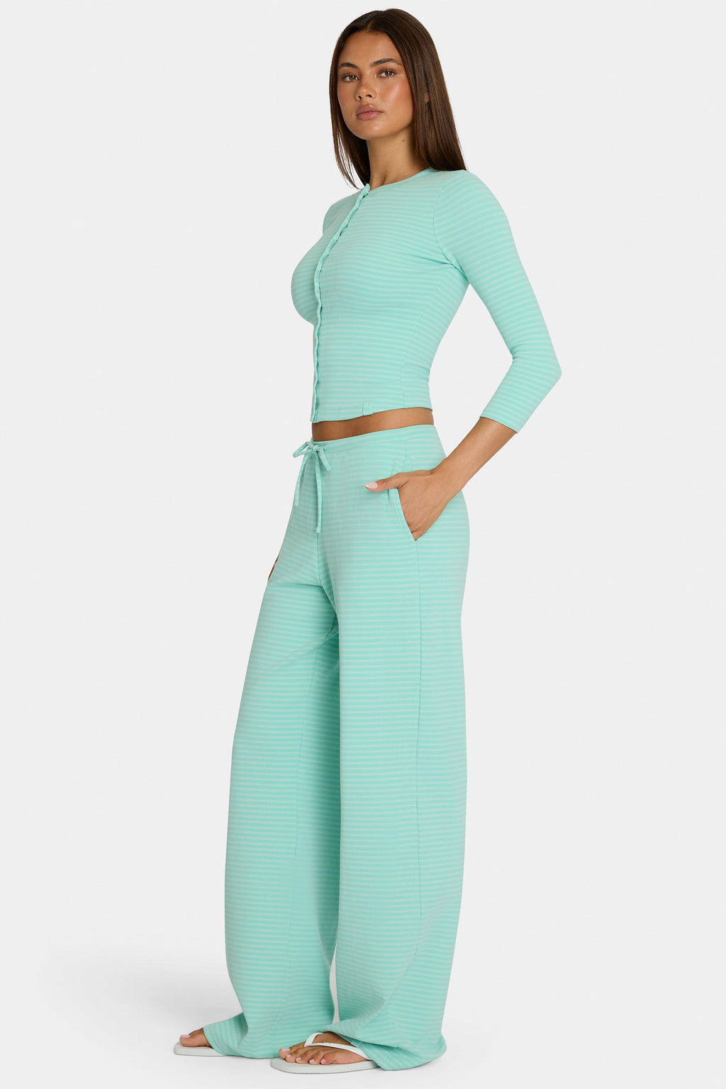 Chic Brushed Jersey Low-Rise Trousers in Aqua Stripe