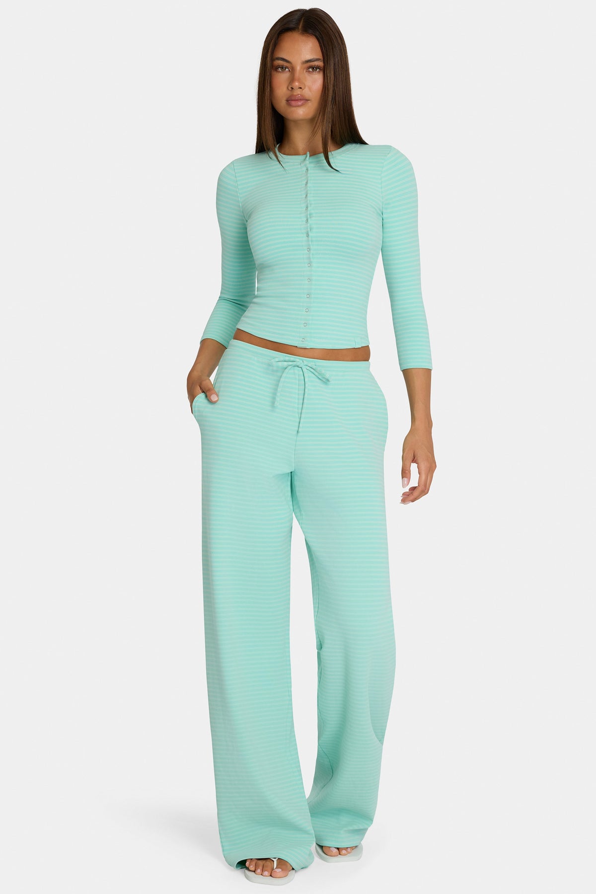 Chic Brushed Jersey Low-Rise Trousers in Aqua Stripe