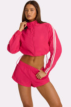 Chic Woven Zip-Up Track Jacket in Hot Pink