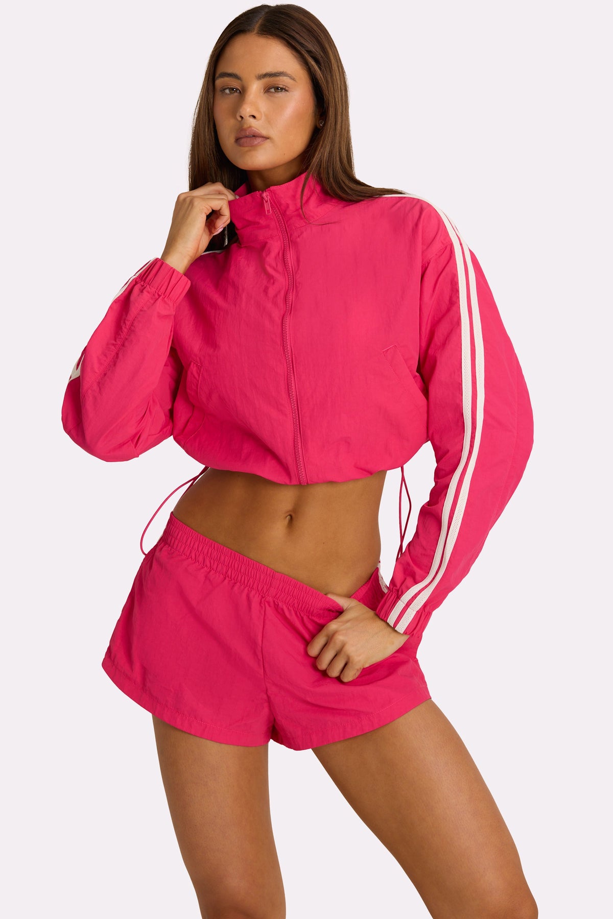 Chic Woven Zip-Up Track Jacket in Hot Pink